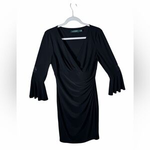 Lauren Ralph Lauren Black V-Neck Ruched Midi Dress with Bell Sleeves